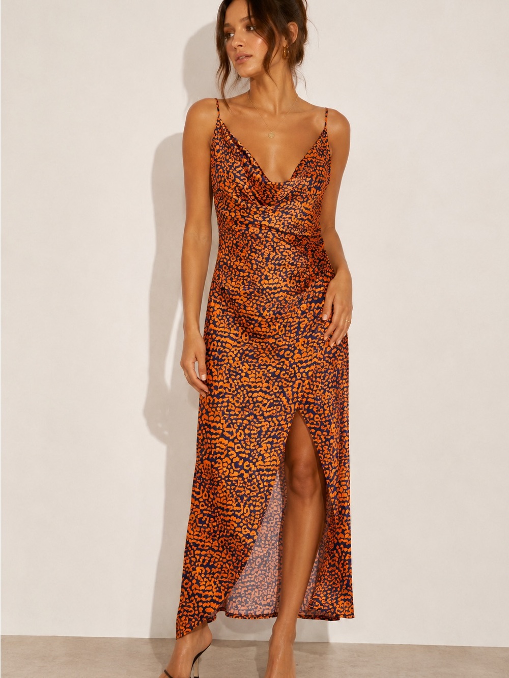 NWT Nasty Gal Cowl Do You Do Cheetah Maxi Dress Orange Navy